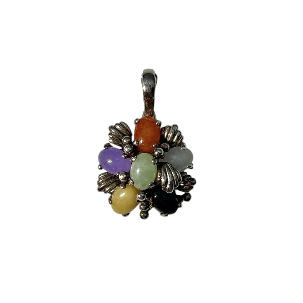Vintage Sterling Silver 925 Multi Color Jadeite Jade Five Stone Necklace Pendant